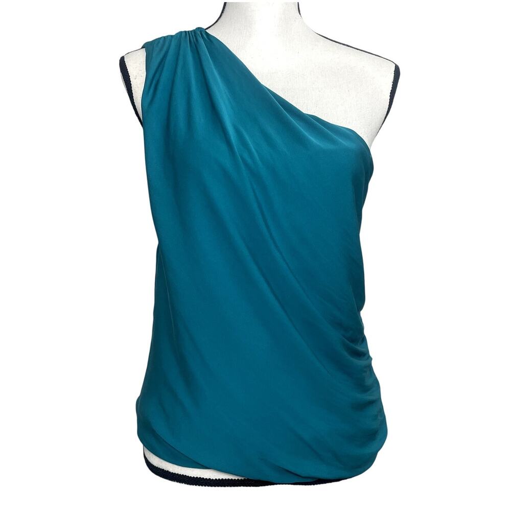 Alice & Olivia Silk Turquoise One Shoulder Ruched Sleeveless Blouse Size M